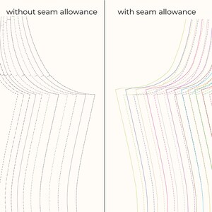 Puede incluir: Un diagrama de patr&oacute;n de costura dividido en dos secciones. El lado izquierdo muestra l&iacute;neas discontinuas negras etiquetadas without seam allowance. El lado derecho muestra l&iacute;neas s&oacute;lidas y discontinuas multicolores etiquetadas with seam allowance.