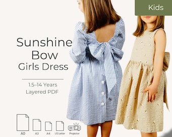 May include: Two dresses for children, one blue and white striped with a large back bow and three white buttons, and one beige with a small floral pattern. Text reads: Sunshine Bow Girls Dress, 1.5-14 Years, Layered PDF, A0, A3, A4, US Letter.