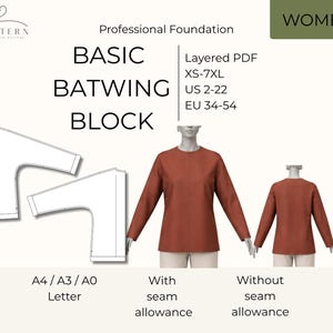 May include: A digital sewing pattern for a basic batwing block top. The image displays technical line drawings of the pattern pieces alongside a 3D rendering of the garment in a rust-orange color, shown both with and without seam allowance.