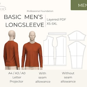 May include: A digital sewing pattern for a long-sleeve shirt, labelled Basic Men's Longsleeve, Layered PDF XS-5XL. Includes a 3D render of a person wearing an orange long-sleeve shirt, technical line drawings of pattern pieces, and text labels.