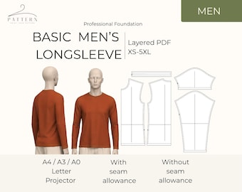 Men's Basic Longsleeve Tee Sewing Pattern – Crew Neck, Sizes XS-5XL (Digital Download)