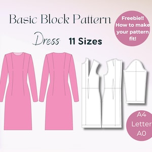 Patron de base en blocs PDF à téléchargement immédiat Grande taille Robe avec manches Projet de couture pour femme Bundle PDF à téléchargement immédiat