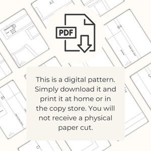 Puede incluir: Un archivo de patr&oacute;n de costura digital representado por un icono de PDF con una flecha de descarga, rodeado de varias hojas de papel blanco con dibujos t&eacute;cnicos en negro, etiquetas e informaci&oacute;n de tallas para confecci&oacute;n.