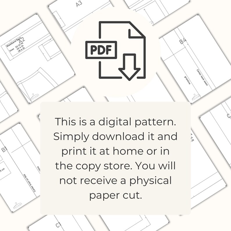 Puede incluir: Un archivo de patr&oacute;n de costura digital representado por un icono de PDF con una flecha de descarga, rodeado de varias hojas de papel blanco con dibujos t&eacute;cnicos en negro, etiquetas e informaci&oacute;n de tallas para confecci&oacute;n.