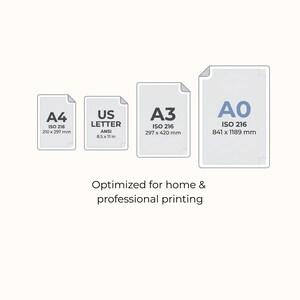 Puede incluir: Un gr&aacute;fico que muestra cuatro tama&ntilde;os de papel etiquetados como A4 (210 x 297 mm), US Letter (8.5 x 11 in), A3 (297 x 420 mm) y A0 (841 x 1189 mm) con el texto Optimized for home & professional printing centrado bajo los iconos.