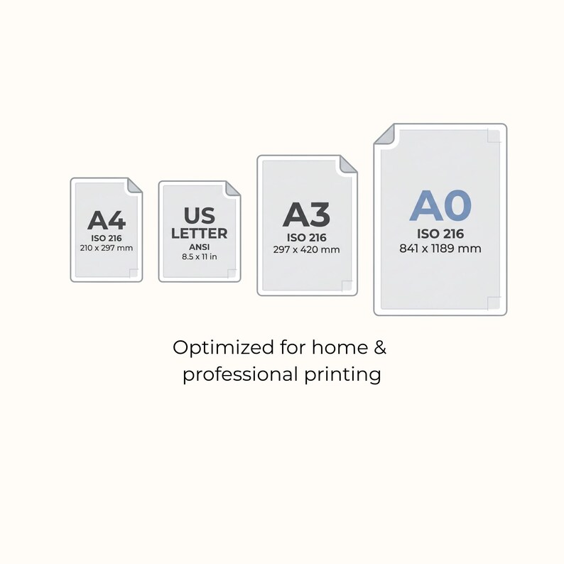 Puede incluir: Un gr&aacute;fico que muestra cuatro tama&ntilde;os de papel etiquetados como A4 (210 x 297 mm), US Letter (8.5 x 11 in), A3 (297 x 420 mm) y A0 (841 x 1189 mm) con el texto Optimized for home & professional printing centrado bajo los iconos.