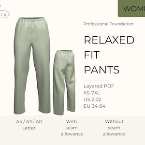 May include: Two pairs of light green relaxed fit pants are displayed. The text "RELAXED FIT PANTS" is in large, bold letters. The image also includes the text "WOMEN", "Layered PDF", and size ranges in US and EU sizes.