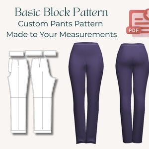 Könnte beinhalten: Ein digitaler Download eines Basis-Schnittmusters für maßgeschneiderte Hosen. Das Muster wird nach Ihren Maßen angefertigt und ist im PDF-Format verfügbar. Das Bild zeigt eine Strichzeichnung der Schnittmusterteile und eine blaue Hose.