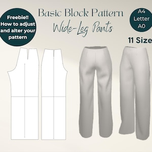 May include: A sewing pattern for wide-leg trousers is shown, with a diagram of the pattern pieces and a 3D rendering of the trousers. The image includes the text "Basic Block Pattern Wide-Leg Pants" and "11 Sizes".