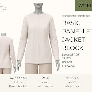 Może przedstawiać: Kremowa kurtka z długimi rękawami i okrągłym dekoltem, prezentowana na manekinie. Obraz zawiera tekst "BASIC PANELLED JACKET BLOCK" i "WOMEN". Kurtka dostępna w rozmiarach XS-7XL.