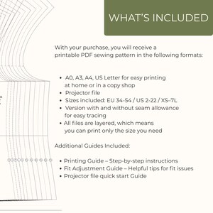 Puede incluir: Una hoja de informaci&oacute;n de patr&oacute;n de costura digital titulada WHAT'S INCLUDED. Enumera formatos PDF imprimibles como A0, A3, A4 y US Letter, un archivo de proyector, tallas EU 34-54 y US 2-22, opciones de margen de costura y archivos.