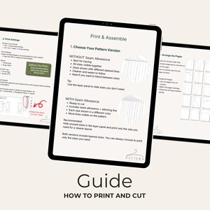 May include: Screenshots of a digital guide on a tablet, titled "Print & Assemble" and "How to Print and Cut." The guide details pattern versions, seam allowances, and printing settings. The text includes instructions for choosing pattern versions and arranging pages.