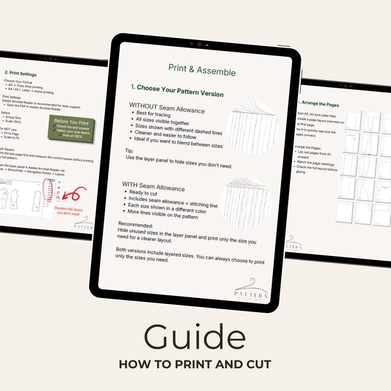 May include: Screenshots of a digital guide on a tablet, titled "Print & Assemble" and "How to Print and Cut." The guide details pattern versions, seam allowances, and printing settings. The text includes instructions for choosing pattern versions and arranging pages.