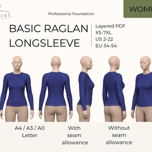 May include: A digital sewing pattern for a basic raglan long-sleeve shirt. The image displays five views of a mannequin wearing the blue shirt, with text indicating sizes XS-7XL, US 2-22, EU 34-54, and options for A4, A3, A0, or Letter paper formats.