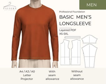 Men’s Long Sleeve Shirt Sewing Pattern PDF Basic Fit Top XS-XXL Layered Digital Download A4 A0 Letter Short + Long Sleeve