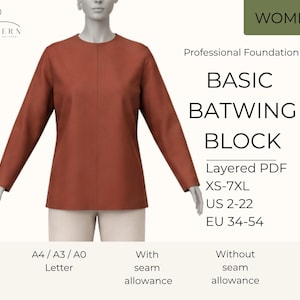 May include: A rust-colored long-sleeve top with a center seam, labeled as a Professional Foundation Basic Batwing Block. The digital pattern includes sizes XS-7XL, US 2-22, and EU 34-54, available in A4, A3, A0, and Letter formats with or without seam allowance.