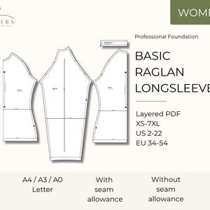Könnte beinhalten: Ein digitales Schnittmuster für ein einfaches Raglan-Langarmshirt. Das Bild zeigt technische Strichzeichnungen der Vorder-, Rück- und Ärmelteile sowie den Text Professional Foundation, Basic Raglan Longsleeve, XS-7XL, US 2-22, EU 34-54, A4/A3/A0 Letter, with seam allowance und without seam allowance.