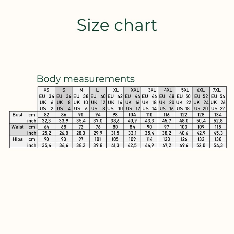 Puede incluir: Una tabla de tallas titulada Body measurements que muestra tallas de ropa desde XS hasta 7XL. La tabla enumera las medidas de busto, cintura y cadera en cent&iacute;metros y pulgadas, correlacionando los est&aacute;ndares de tallas EU, UK y US.