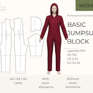 Coverall Jumpsuit Sewing Pattern PDF Adult Onesie Overall Pattern Costume Base Pajama Utility Suit Basic Block XS to 7XL