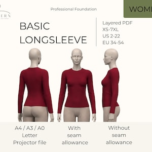 Könnte beinhalten: Ein digitales Schnittmuster für ein langärmeliges Oberteil mit drei Ansichten einer Schaufensterpuppe in einem bordeauxroten Shirt. Der Text umfasst "BASIC LONGSLEEVE", "Layered PDF", "XS-7XL", "US 2-22", "EU 34-54", "A4 / A3 / A0", "Letter", "Projector file", "With seam allowance" und "Without seam allowance".