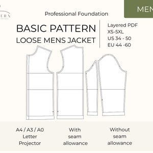 May include: A digital sewing pattern for a loose jacket, featuring technical line drawings of front, back, and sleeve panels. Text includes 'BASIC PATTERN LOOSE MENS JACKET', 'Layered PDF', 'XS-5XL', 'US 34-50', 'EU 44-60', 'A4/A3/A0', 'Letter', 'Projector'.