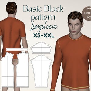 Padrão de costura de camisa masculina fácil Design básico de camiseta de manga comprida Download instantâneo Tamanhos em camadas XS–XXL Arquivo para impressão Design de tecido elástico
