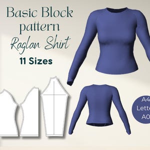 Könnte beinhalten: Eine digitale Illustration eines Grundschnitts für ein Raglan-Shirt. Der Schnitt ist in 11 Größen erhältlich und wird in weißer Umrandung auf einem hellbeigen Hintergrund dargestellt. Das Bild zeigt auch ein blaues Langarmshirt in zwei verschiedenen Ansichten.