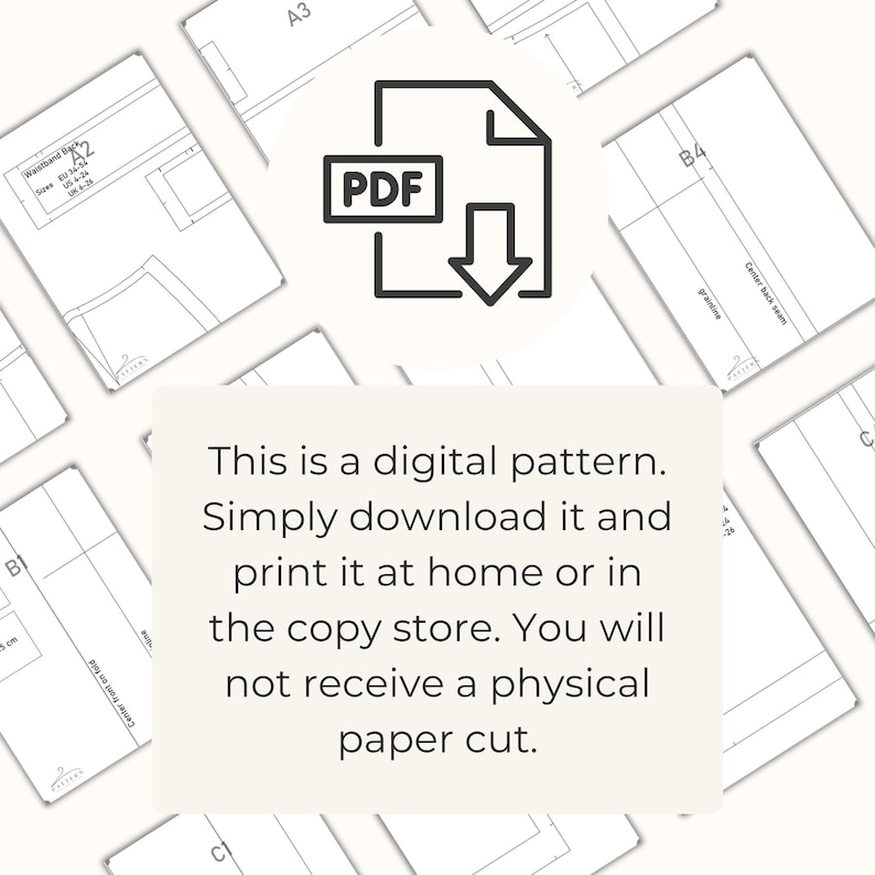 May include: Digital sewing pattern with a PDF icon and a downward arrow. The image includes several pattern pieces and text that reads: "This is a digital pattern. Simply download it and print it at home or in the copy store."