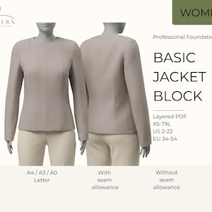 Könnte beinhalten: Ein beiges Jacken-Grundschnittmuster für Damen, dargestellt auf einer Schaufensterpuppe. Das Bild zeigt die Vorder- und Rückansicht der Jacke. Der Text auf dem Bild enthält "BASIC JACKET BLOCK", Größenangaben und "WOMEN".