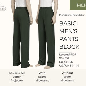 Men Pants Sewing Pattern PDF Trouser Sloper Block Straight Leg Pants Chinos Suit Pants Layered A0 A3 A4 US Letter Projector XS 3XL