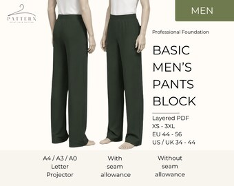 Men Pants Sewing Pattern PDF Trouser Sloper Block Straight Leg Pants Chinos Suit Pants Layered A0 A3 A4 US Letter Projector XS 3XL
