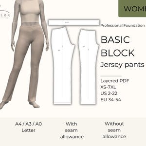 May include: A beige jersey pants pattern with a matching top on a mannequin. The pattern includes a basic block design, layered PDF, and sizes XS-7XL. The image also includes the text "WOMEN" and "Jersey pants".