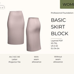 Puede incluir: Patrón digital para un bloque de falda básico, con dos modelos de falda rosa claro. El texto indica tallas XS-7XL, US 2-22 y EU 34-54. El patrón está disponible como PDF en capas.