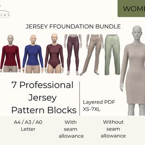 Può includere: Un pacchetto di cartamodelli digitali intitolato Jersey Ffoundation Bundle che mostra sette design di abbigliamento su manichini. Include top a maniche lunghe, leggings e un vestito. Il testo indica PDF a livelli, taglie XS-7XL e formati A4/A3/A0/Letter.