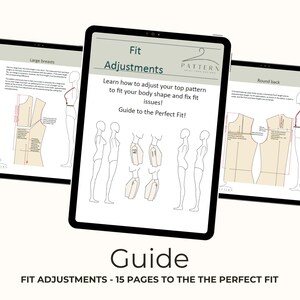 This digital sewing block pattern is an instant downloadable template PDF file that includes a comprehensive size chart and measurement guide for knit fabrics. It features a versatile sleeve design and crew neck top pattern, perfect for creating your own custom clothing with a professional fabric cutting layout.