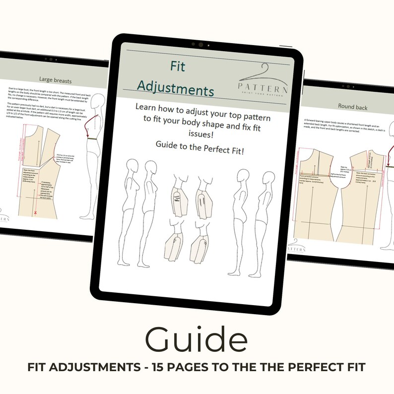 This digital sewing block pattern is an instant downloadable template PDF file that includes a comprehensive size chart and measurement guide for knit fabrics. It features a versatile sleeve design and crew neck top pattern, perfect for creating your own custom clothing with a professional fabric cutting layout.