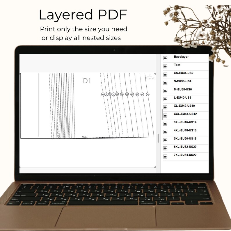 Puede incluir: Una pantalla de port&aacute;til que muestra un patr&oacute;n de costura PDF en capas con el texto Layered PDF, Print only the size you need or display all nested sizes. La interfaz muestra una lista de tallas desde XS-EU34-US2 hasta 7XL-EU54-US22.