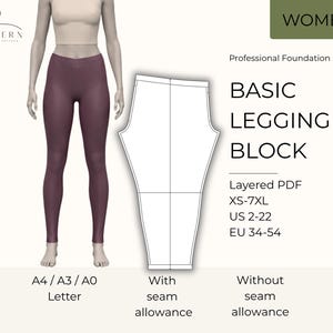 Könnte beinhalten: Ein digitales Schnittmuster für Damen-Leggings. Das Bild zeigt eine bordeauxfarbene Leggings an einer Schaufensterpuppe, eine Schnittmusterkontur und den Text "BASIC LEGGING BLOCK" sowie Größenangaben.