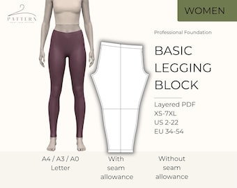 Patrón de costura de leggings para ropa deportiva Diseño Descarga digital Archivo PDF Tamaño Paquete Ropa de entrenamiento Plan de proyecto Leggings ajustados