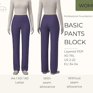 Puede incluir: Un patrón digital para un bloque de pantalones básico, que muestra vistas frontal y trasera del pantalón en un tono morado oscuro. El patrón incluye tallas XS-7XL, tallas US 2-22 y EU 34-54. El texto "WOMEN" está en un rectángulo verde.