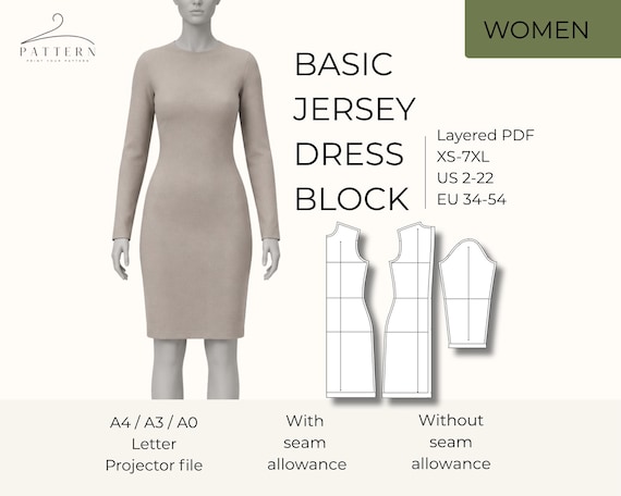 easy jersey dress pattern Pdf Download Basic Block Pattern Beginner Sewing Tutorial Instant Digital Large Size Womens Shift Tshirt Design Stretch free dress pattern