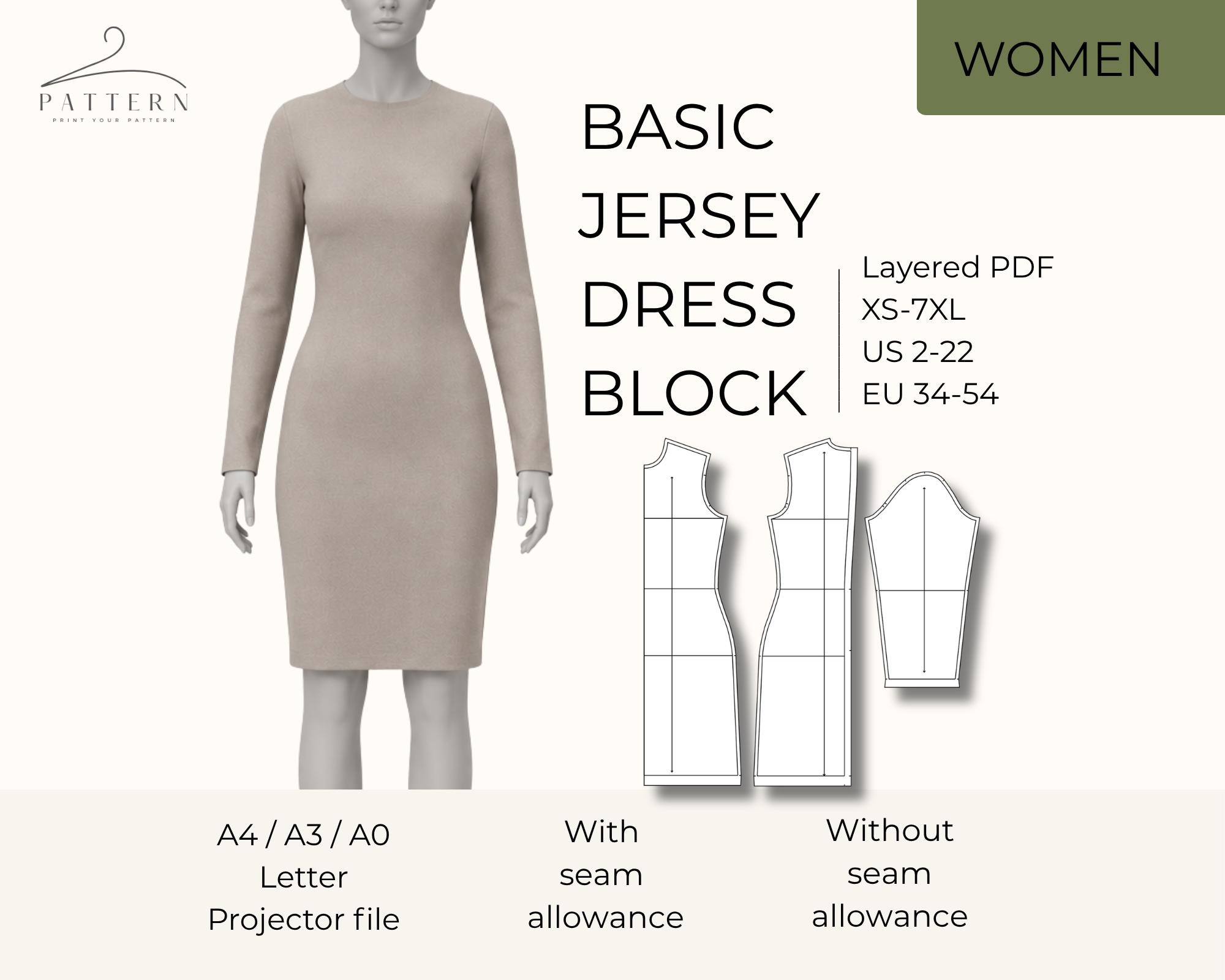 long sleeve jersey dress pattern Pdf Download Basic Block Pattern Beginner Sewing Tutorial Instant Digital Large Size Womens Shift Tshirt Design Stretch Burda