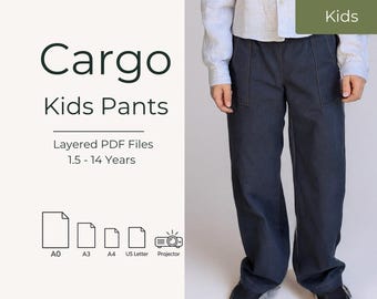 Kids Cargo Pants Sewing Pattern PDF Boys Utility Trousers Elastic Waist Pocket Pants Projector File Toddler School Outdoor Outfit 1.5 to 14Y