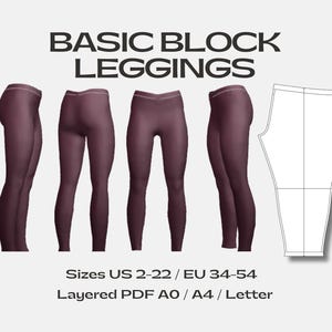 May include: An image displaying four pairs of burgundy leggings in various poses, with a pattern outline. The text "BASIC BLOCK LEGGINGS" is at the top, with size information below. The leggings are a deep red colour.