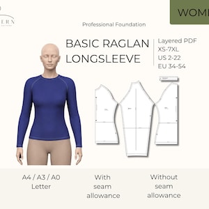 Puede incluir: Un patrón de costura digital para una camiseta básica de manga larga raglán. La imagen muestra una camiseta azul de manga larga en un maniquí, piezas técnicas del patrón y texto que incluye "BASIC RAGLAN LONGSLEEVE", "Layered PDF", "XS-7XL", "US 2-22" y "EU 34-54".