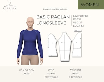 Patrón de camisa raglán para coser en PDF, descarga digital. Diseño de túnica tipo jersey con mangas de bloque para mujer. Tallas grandes y extragrandes (XL). Patrón de copia instantánea. Kit de patrones.