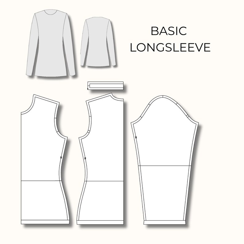 Sewing Block Pattern Digital Template Printable Garment File Basic Design Guide Professional Pattern Draft Long Sleeve Top Size Range Chart Technical Measurement Instructions Layout Guide Instant Download Format Custom Creation Base