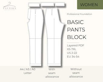 Basic Pants Block Pattern: Layered PDF Sewing Design (XS-7XL)