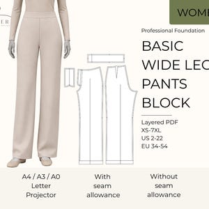 Op de afbeelding: Een digitaal naaipatroon voor een basisbroek met wijde pijpen, met een beige kledingillustratie, technische lijntekeningen van de patroondelen en tekst waaronder "BASIC WIDE LEG PANTS BLOCK", "Layered PDF", "XS-7XL", "US 2-22" en "EU 34-54".