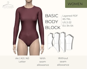Patrón base para ajuste personalizado en PDF. Bloque de costura XS-7XL, A4, A3, A0, tamaño carta estadounidense. Ideal para lencería y ropa de baile. Varios tamaños. Descarga instantánea.